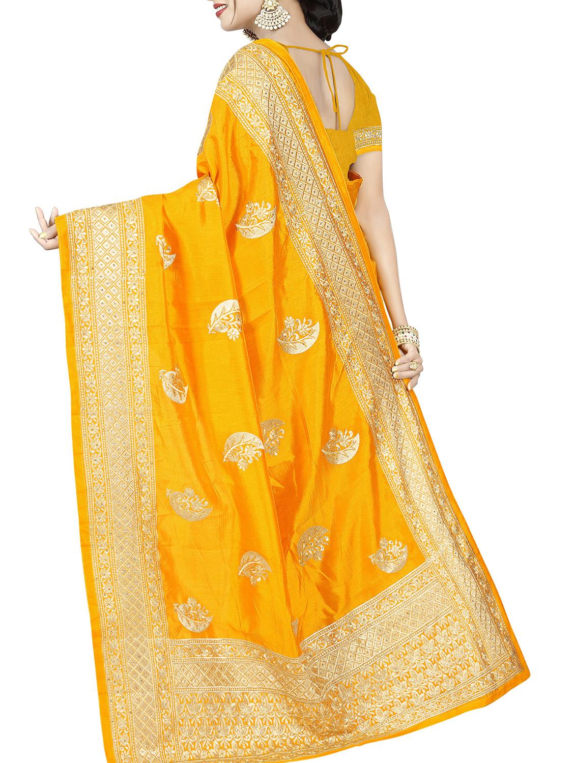 floral embroidered mustard saree with blouse - 15819778 -  Standard Image - 1