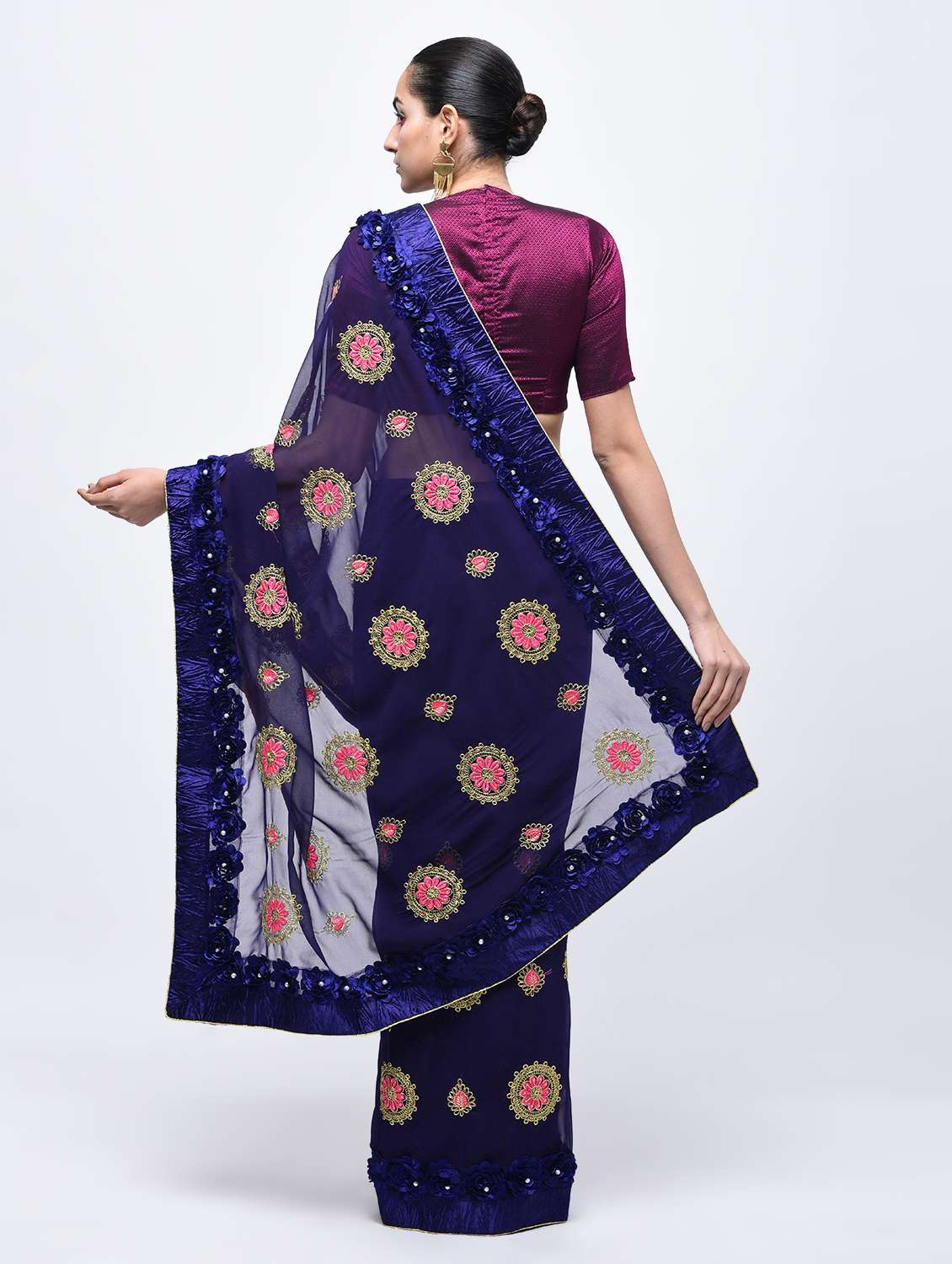ribbon work floral embroidered navy blue saree with blouse - 15821238 -  Standard Image - 1