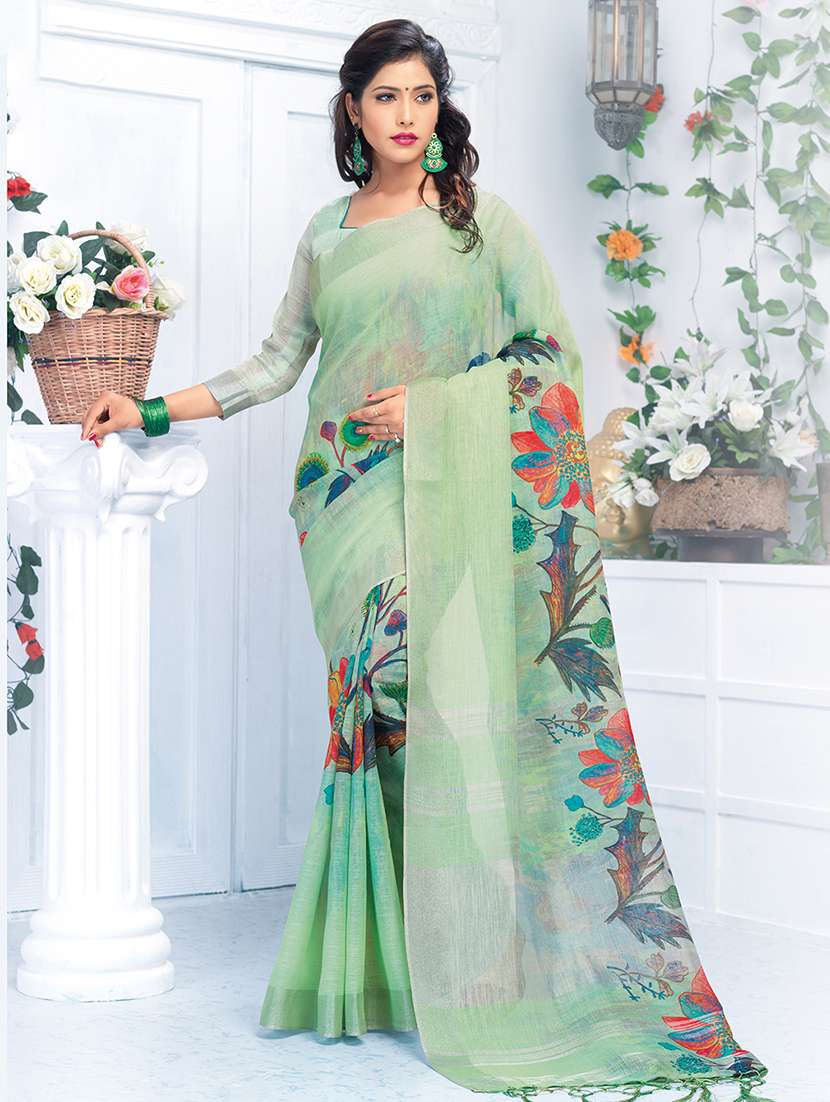 floral printed linen saree with blouse