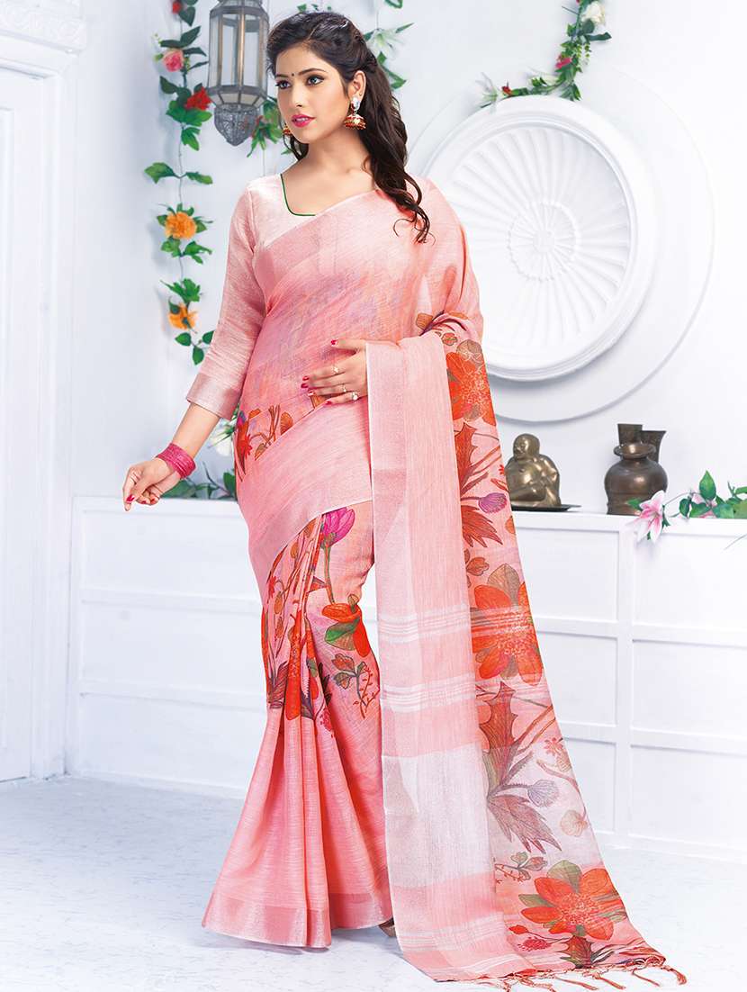 floral printed linen saree with blouse
