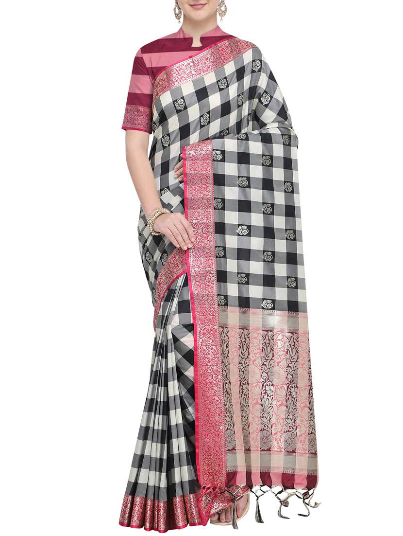 checkered self design banarasi saree with blouse