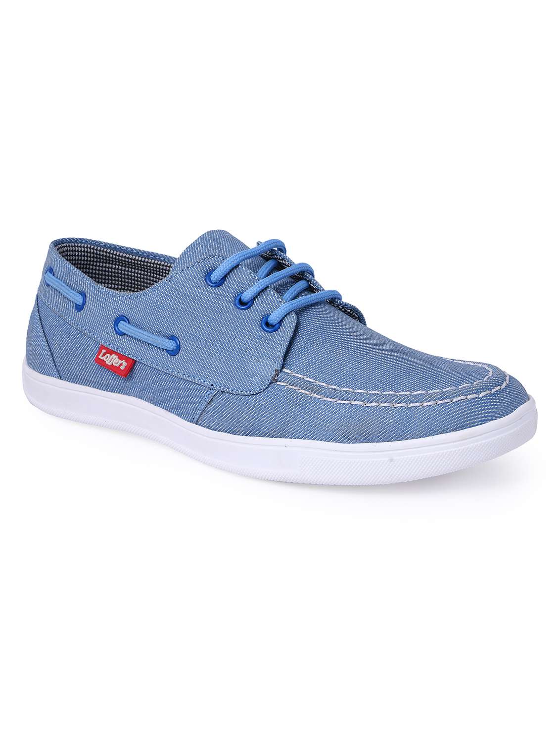blue canvas lace up boat shoes