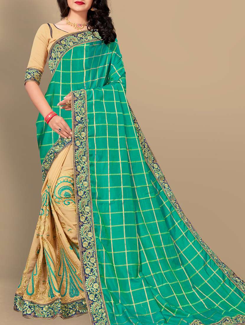 checkered embroidered turquoise half & half saree with blouse