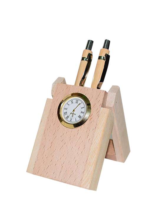 desi karigar brown wooden handicrafts showpiece pen stand with clock