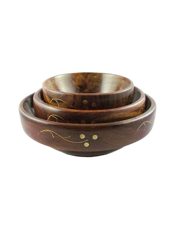 desi karigar fancy wooden brass work set of 3 serving bowl