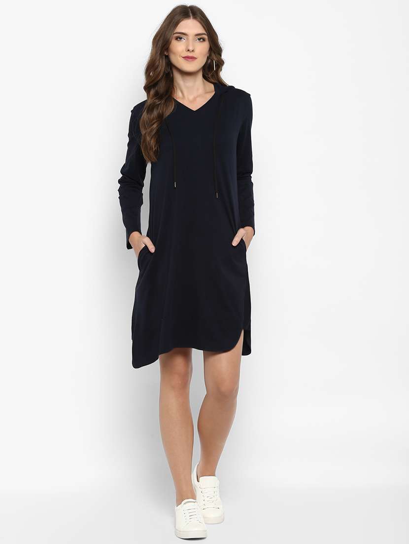hooded neck asymmetric hem dress
