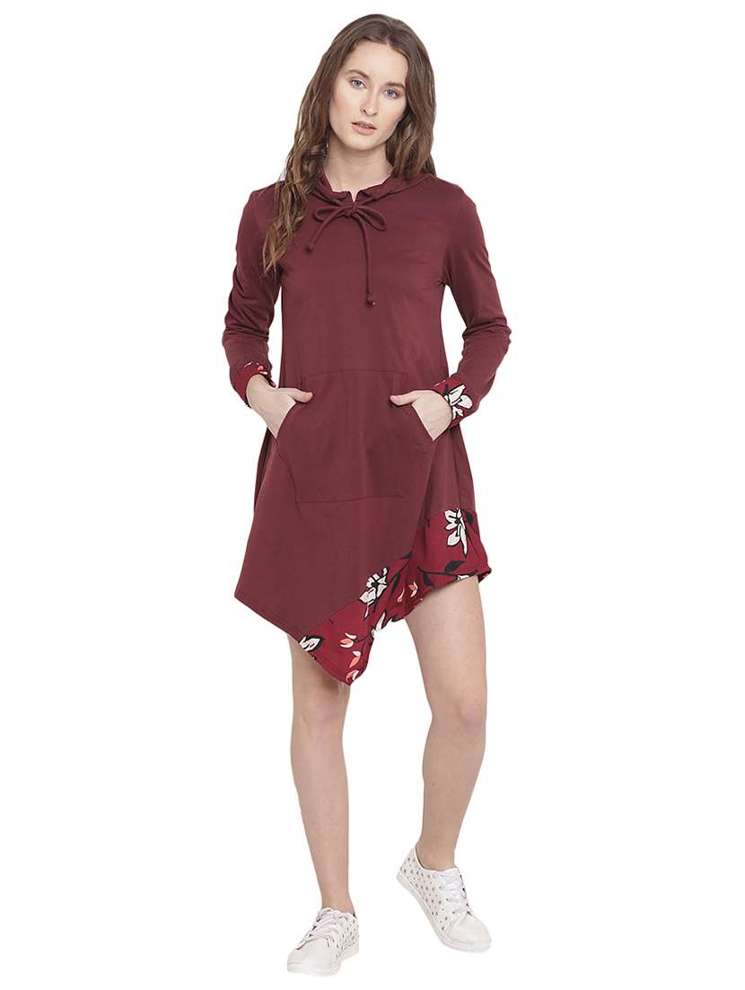 pocket patch hooded neck asymmetric dress