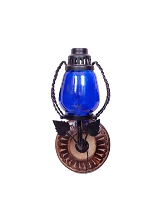 desi karigar wooden & iron fancy wall hanging electric chimney lamp sise(lxbxh-6x5x11) inch, color blue