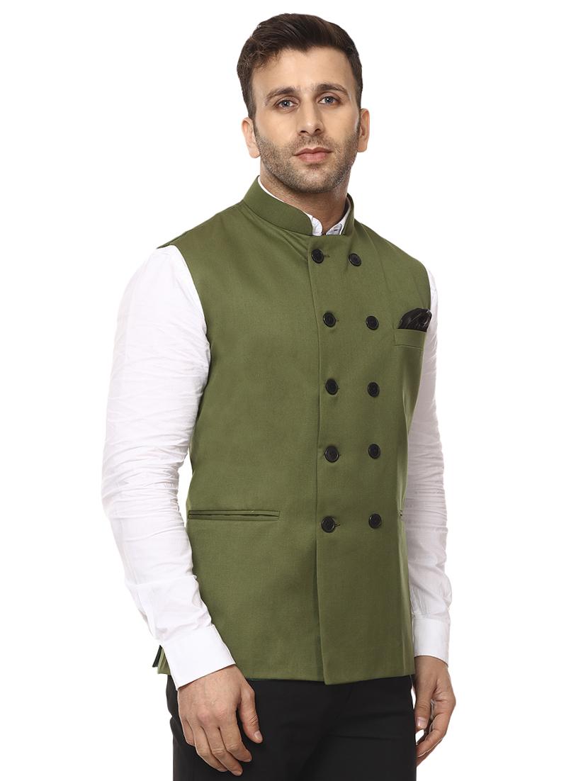 green mandarin neck nehru jacket - 15840482 - Standard Image - 1
