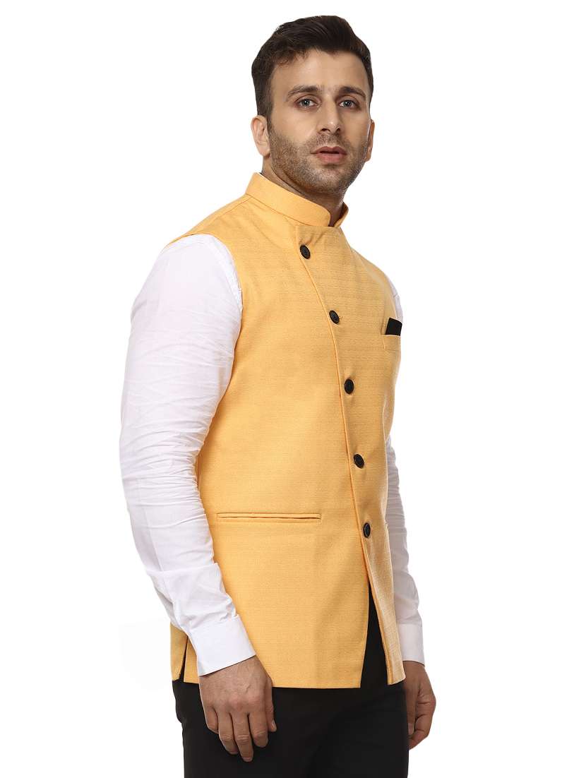 yellow mandarin neck nehru jacket - 15840483 -  Standard Image - 1