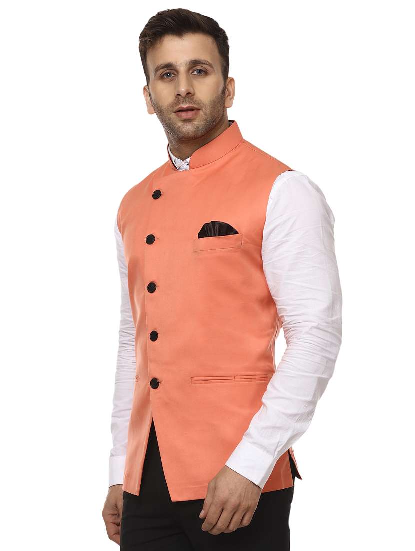pink mandarin neck nehru jacket - 15840485 -  Standard Image - 1