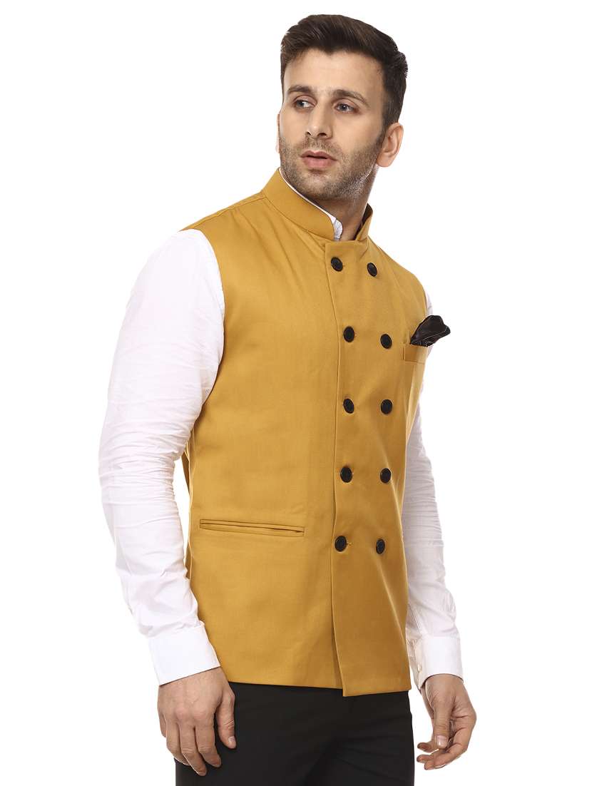 Yellow Mandarin Neck Nehru Jacket - 15840486 -  Standard Image - 1