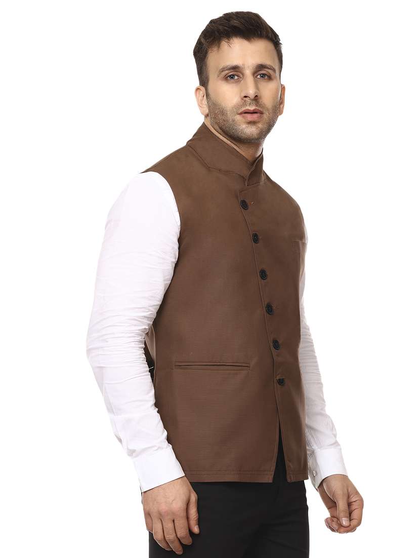 brown mandarin neck nehru jacket - 15840487 -  Standard Image - 1