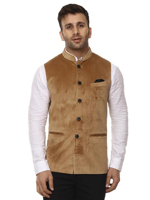 beige mandarin neck nehru jacket - 15840490 - Standard Image - 0