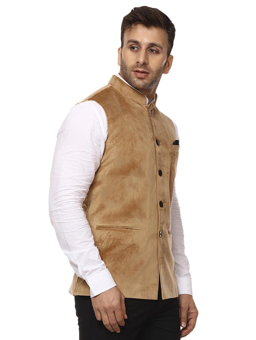beige mandarin neck nehru jacket - 15840490 - Standard Image - 1