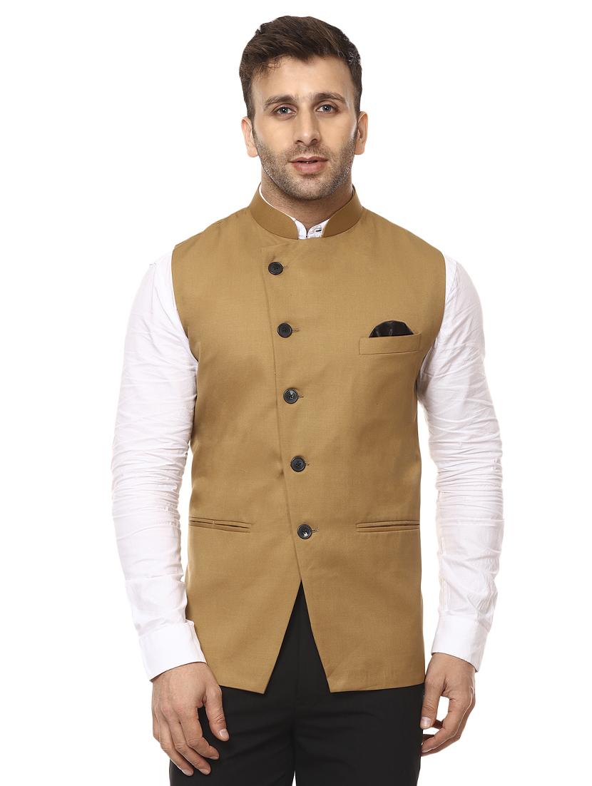 solid brown nehru jacket - 15840493 -  Zoom Image - 0