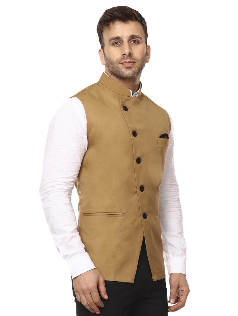 solid brown nehru jacket - 15840493 - Standard Image - 1