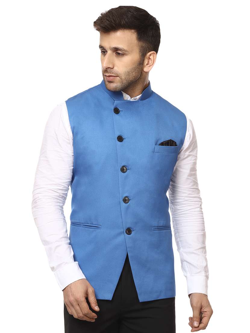 solid blue nehru jacket