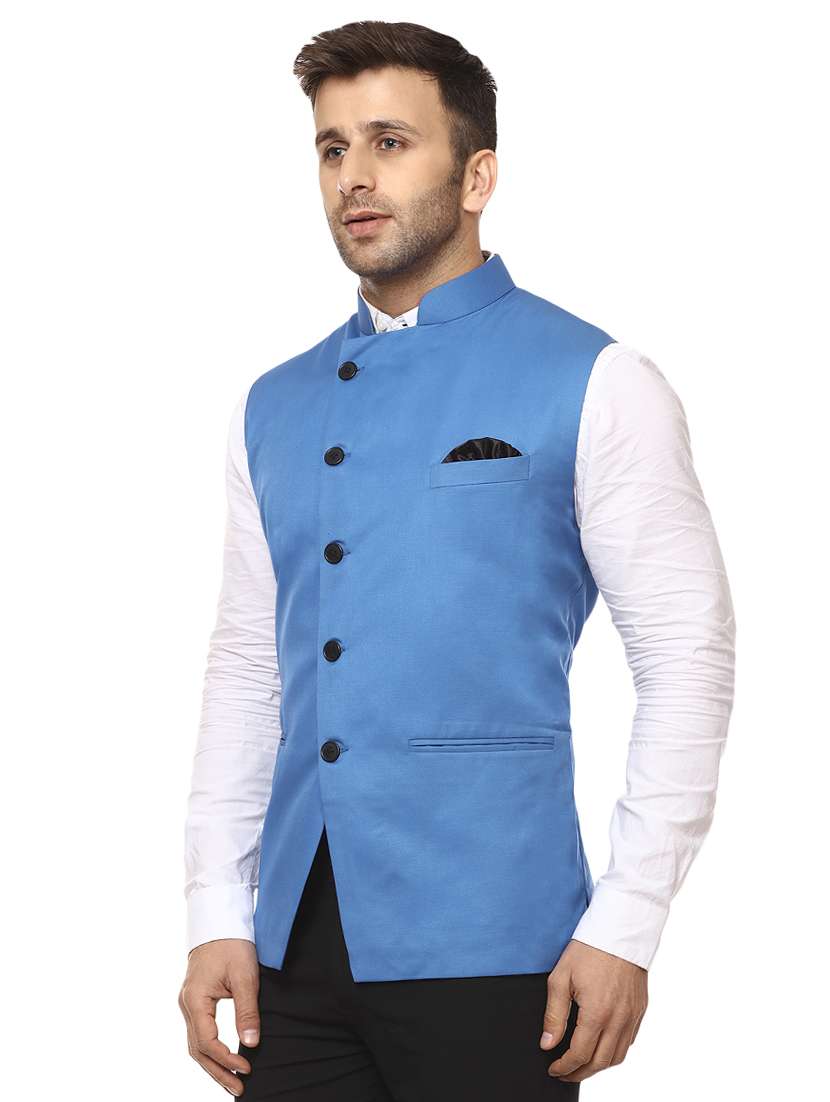 solid blue nehru jacket - 15840494 -  Standard Image - 1