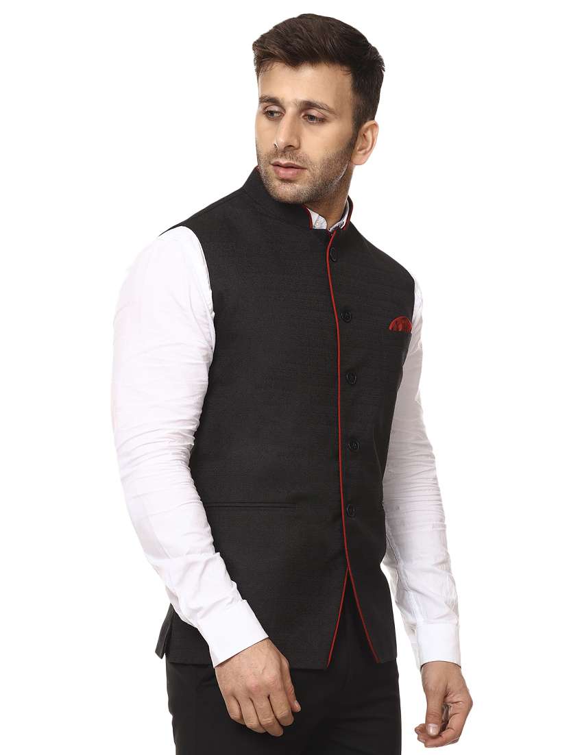solid black nehru jacket - 15840495 -  Standard Image - 1