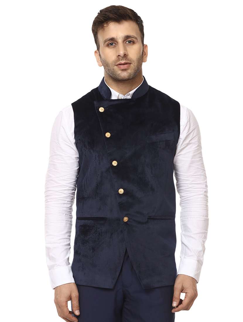 solid blue nehru jacket - 15840496 - Zoom Image - 0