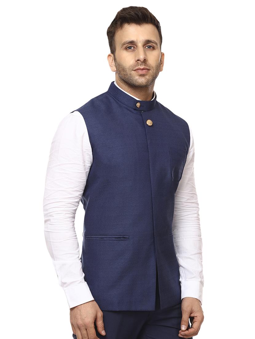 blue cotton nehru jacket - 15840497 - Standard Image - 1
