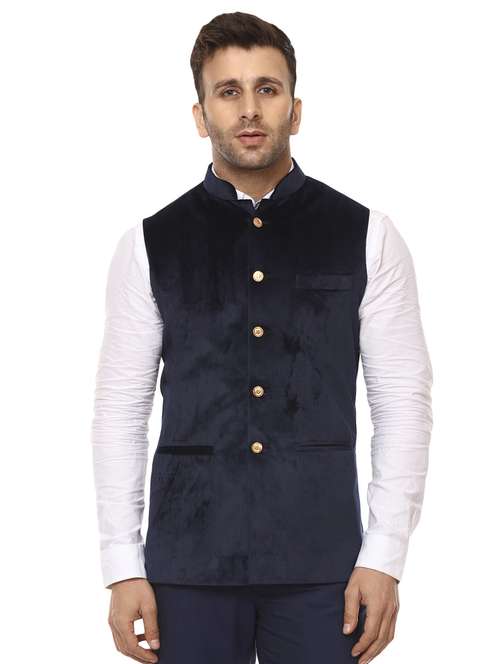 solid blue nehru jacket - 15840499 - Standard Image - 0
