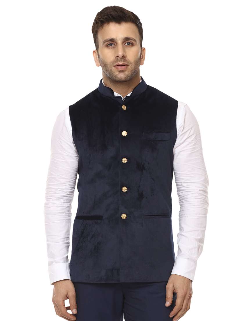 solid blue nehru jacket - 15840499 - Zoom Image - 0