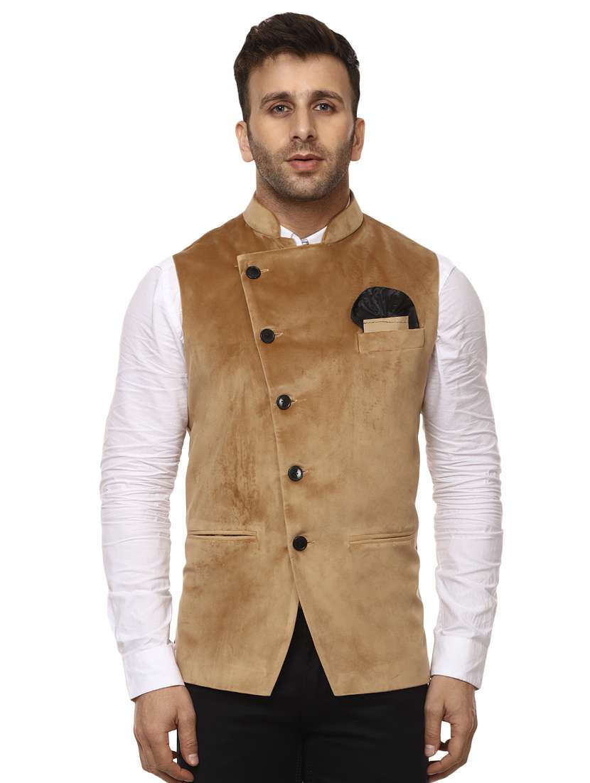 solid beige nehru jacket - 15840502 - Zoom Image - 0