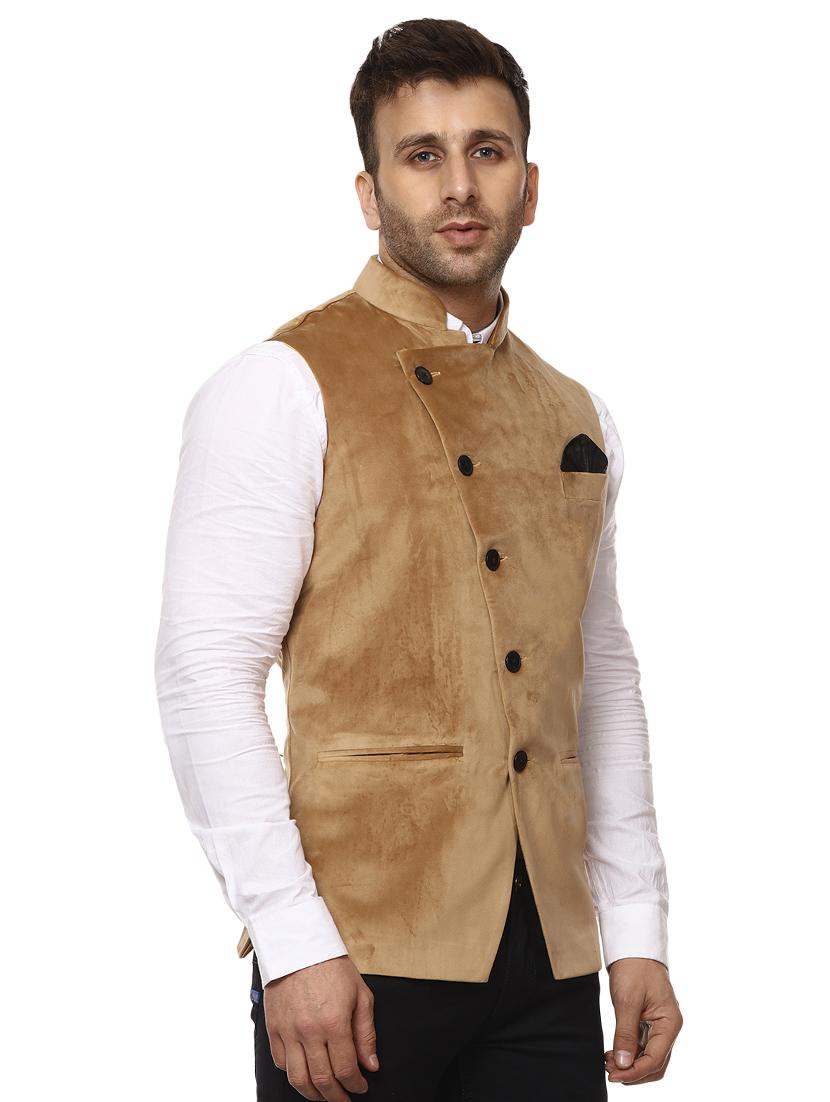 solid beige nehru jacket - 15840502 - Standard Image - 1
