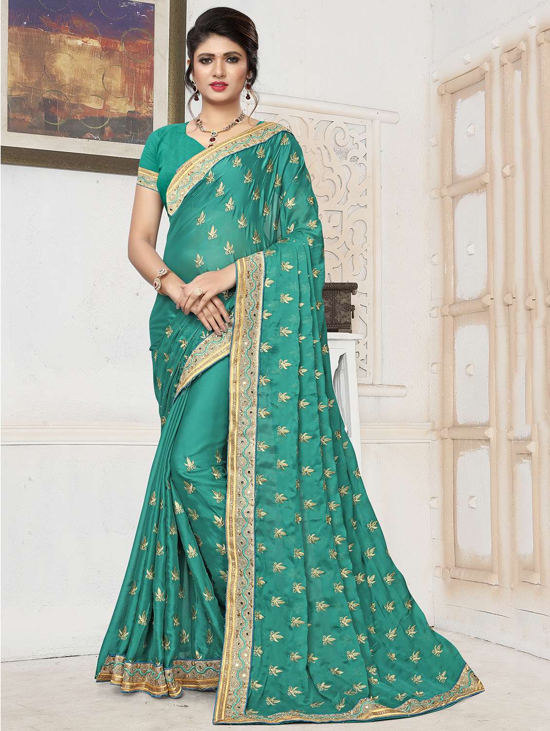 thread embroidered turquoise saree with blouse