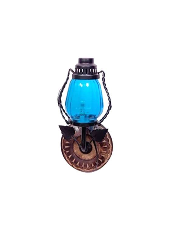 desi karigar wooden & iron fancy wall hanging electric chimney lamp size(lxbxh-6x5x11) inch, color skyblue