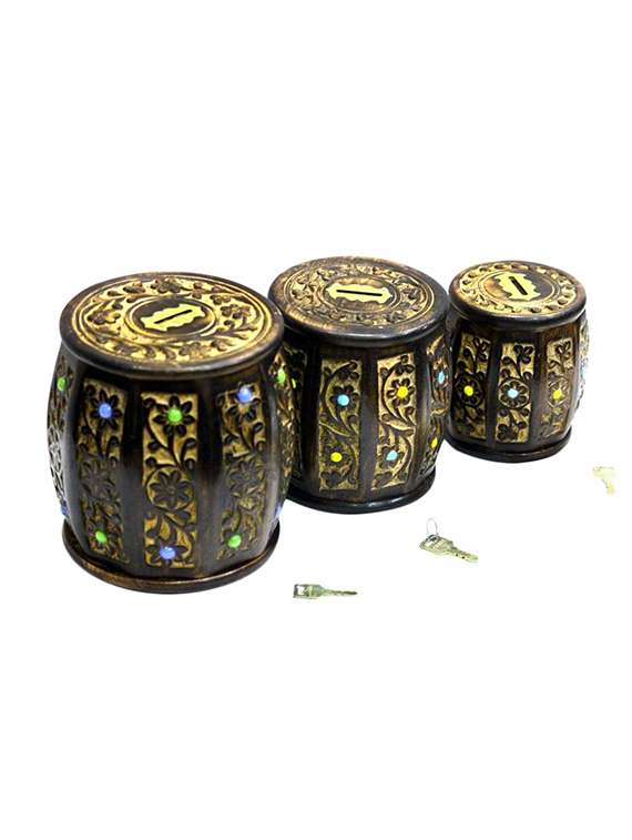 desi karigar wooden drum /cylinder shaped money bank