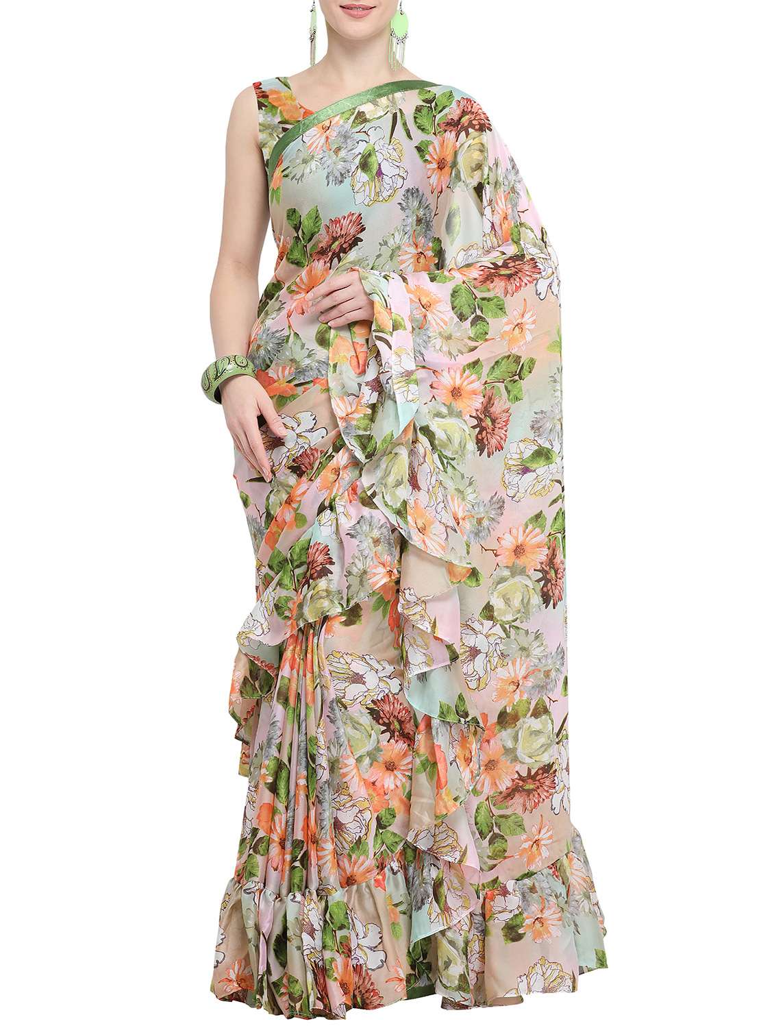 floral printed ruffled saree with blouse