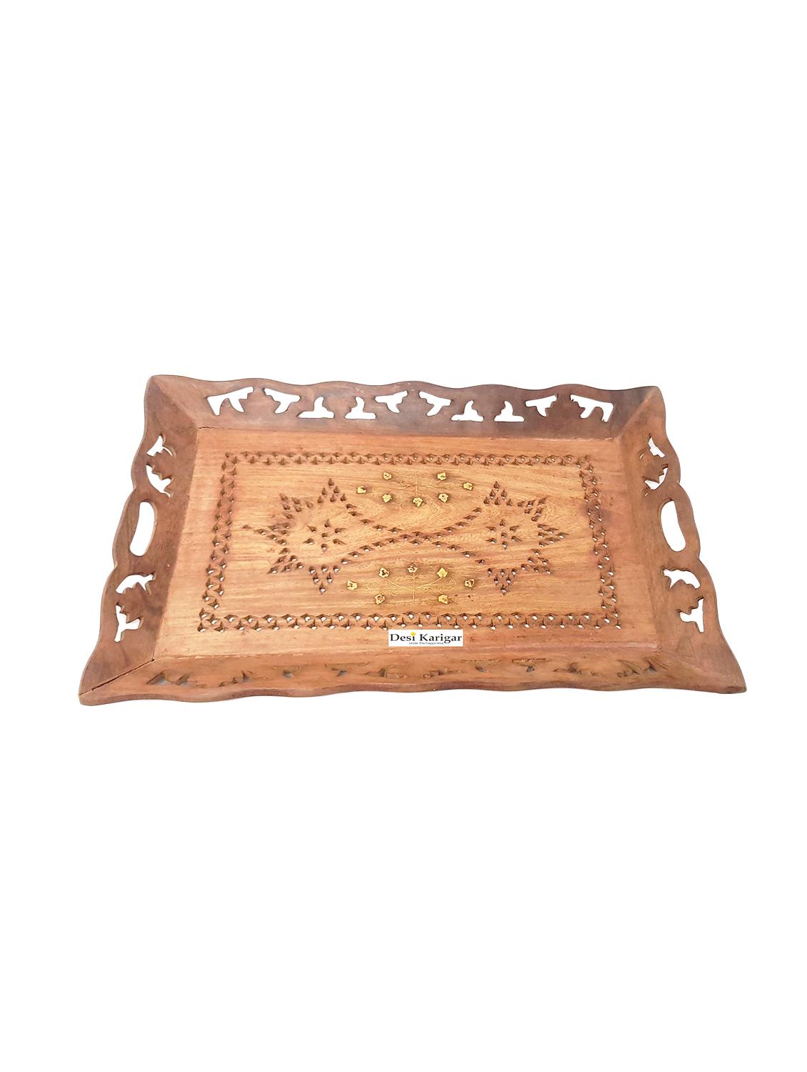 desi karigar wooden handicrafts designed brown tray carving size(lxb-13x9) inch - 15852209 -  Zoom Image - 0
