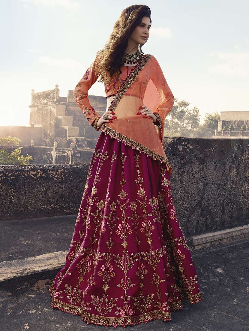 floral embroidered maroon flared lehenga