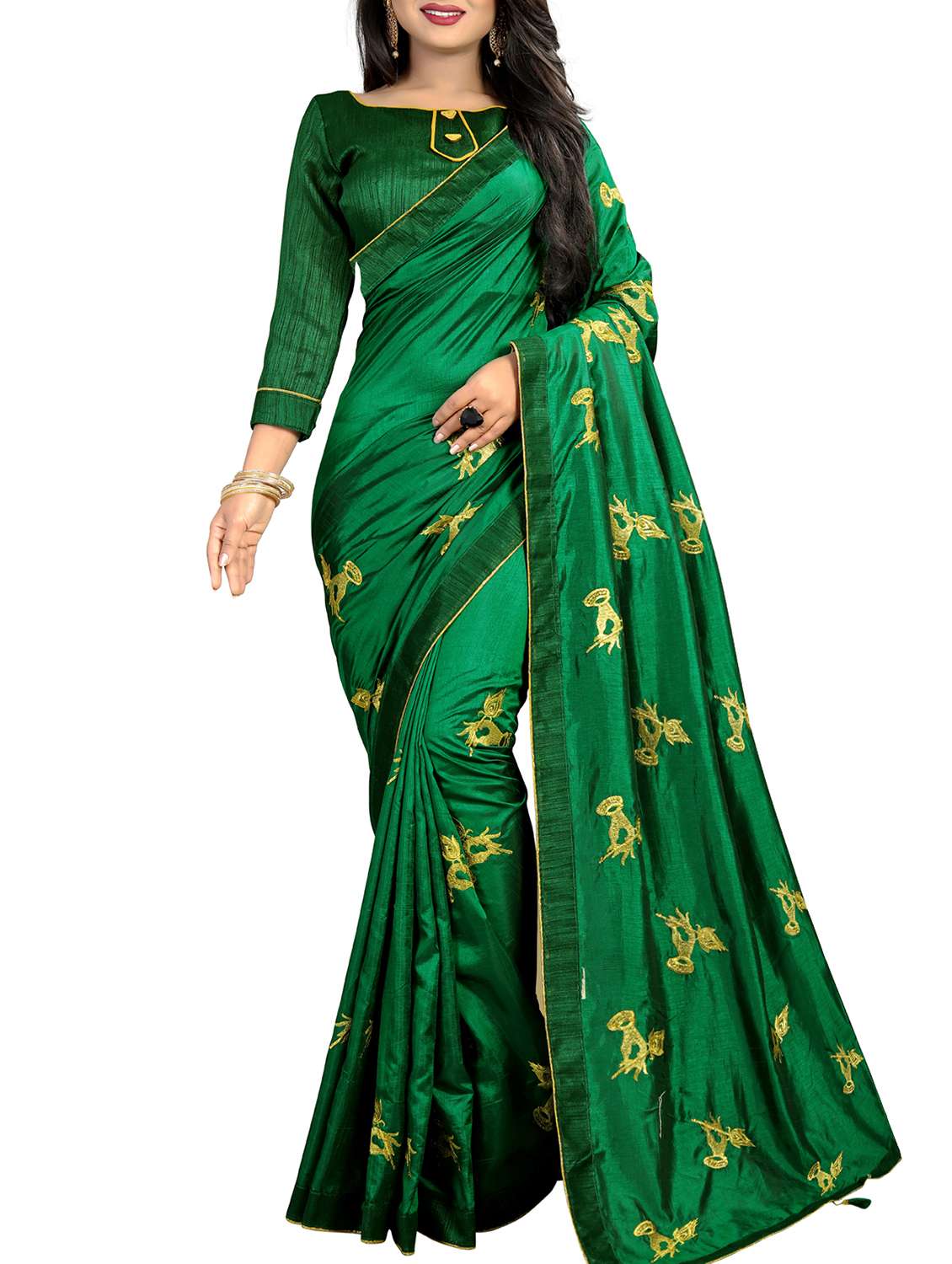 conversational embroidered bottle green saree with blouse