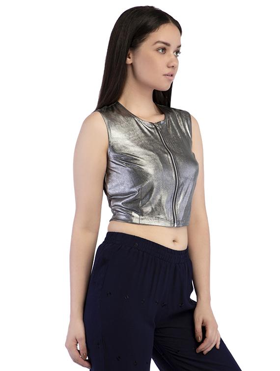 zip-up metallic crop top - 15854710 - Standard Image - 1