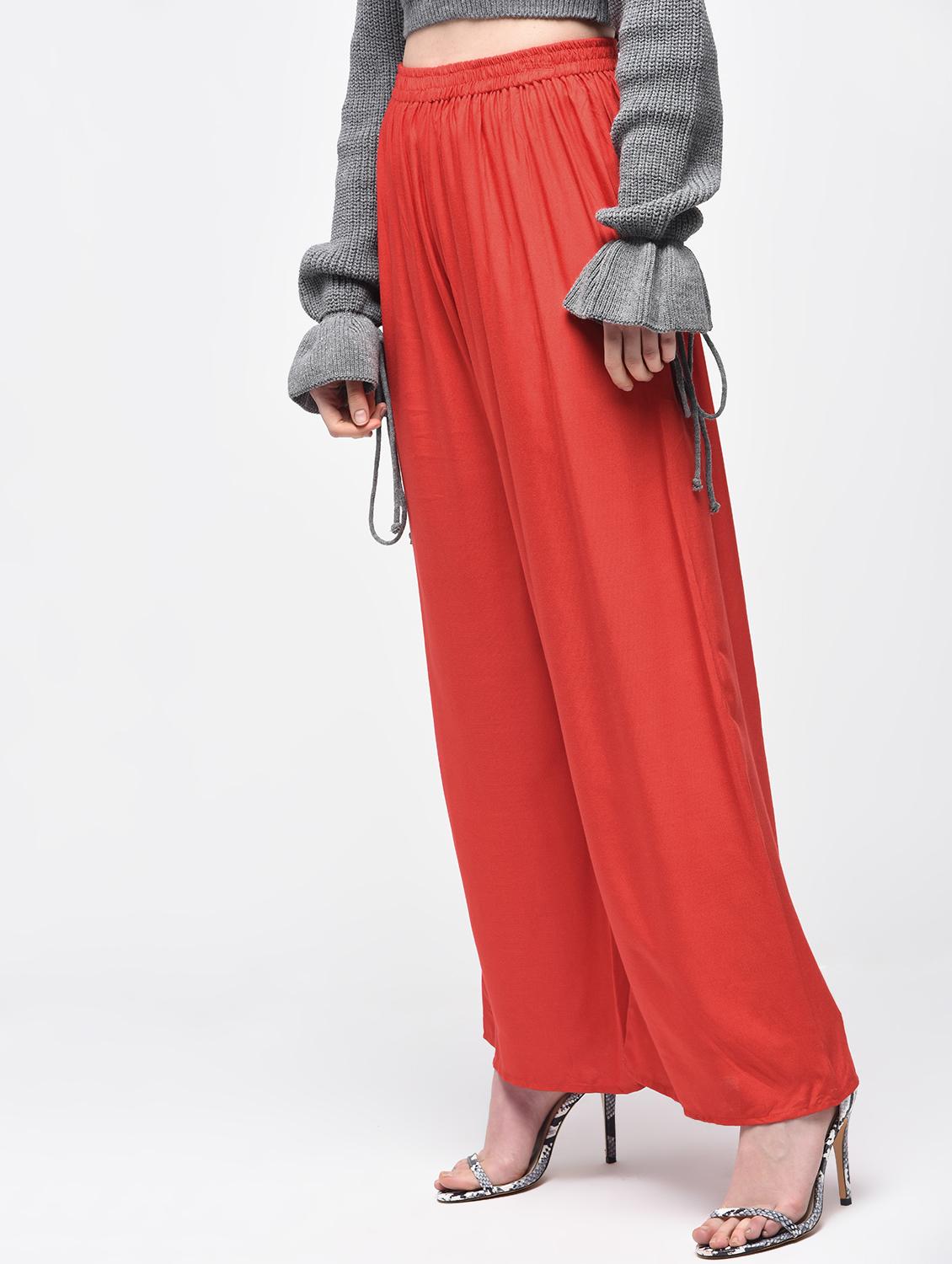 tomato red flared palazzo - 15857716 - Standard Image - 1