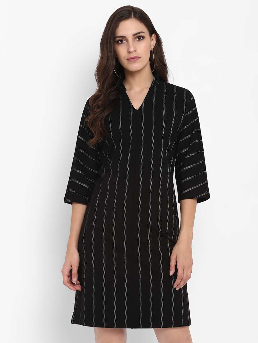 striped band collar a-line dress