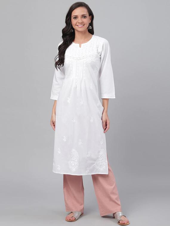white long women chikankari cotton kurta - 15858684 -  Zoom Image - 0