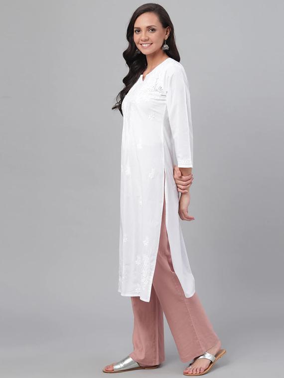 white long women chikankari cotton kurta - 15858684 -  Standard Image - 1