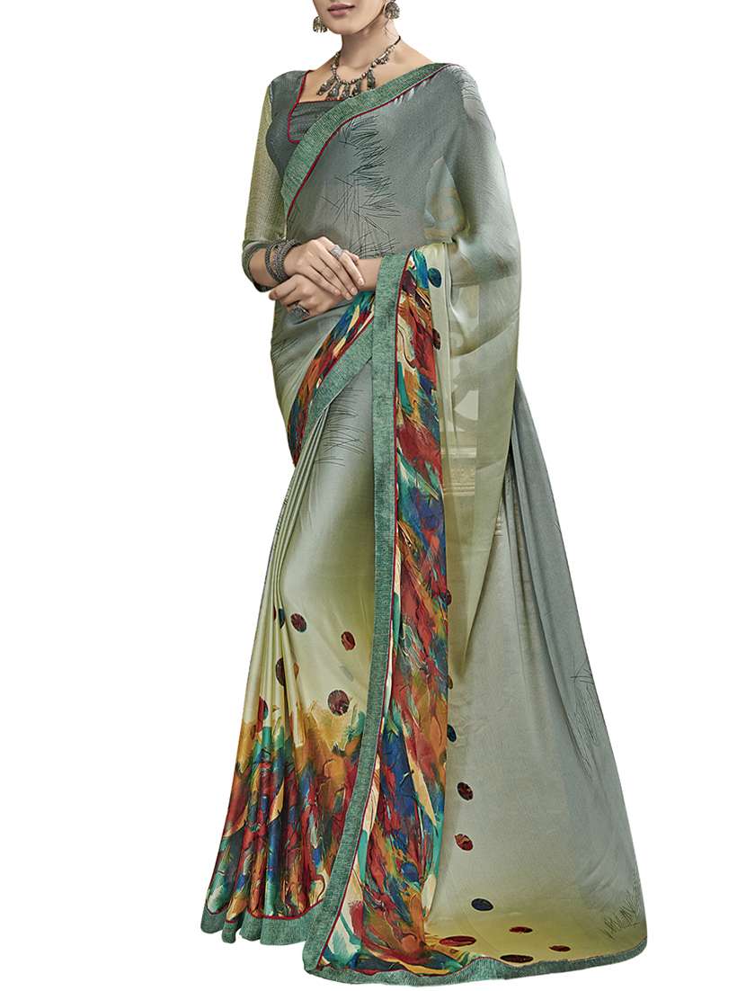 polka dots green printed saree with blouse