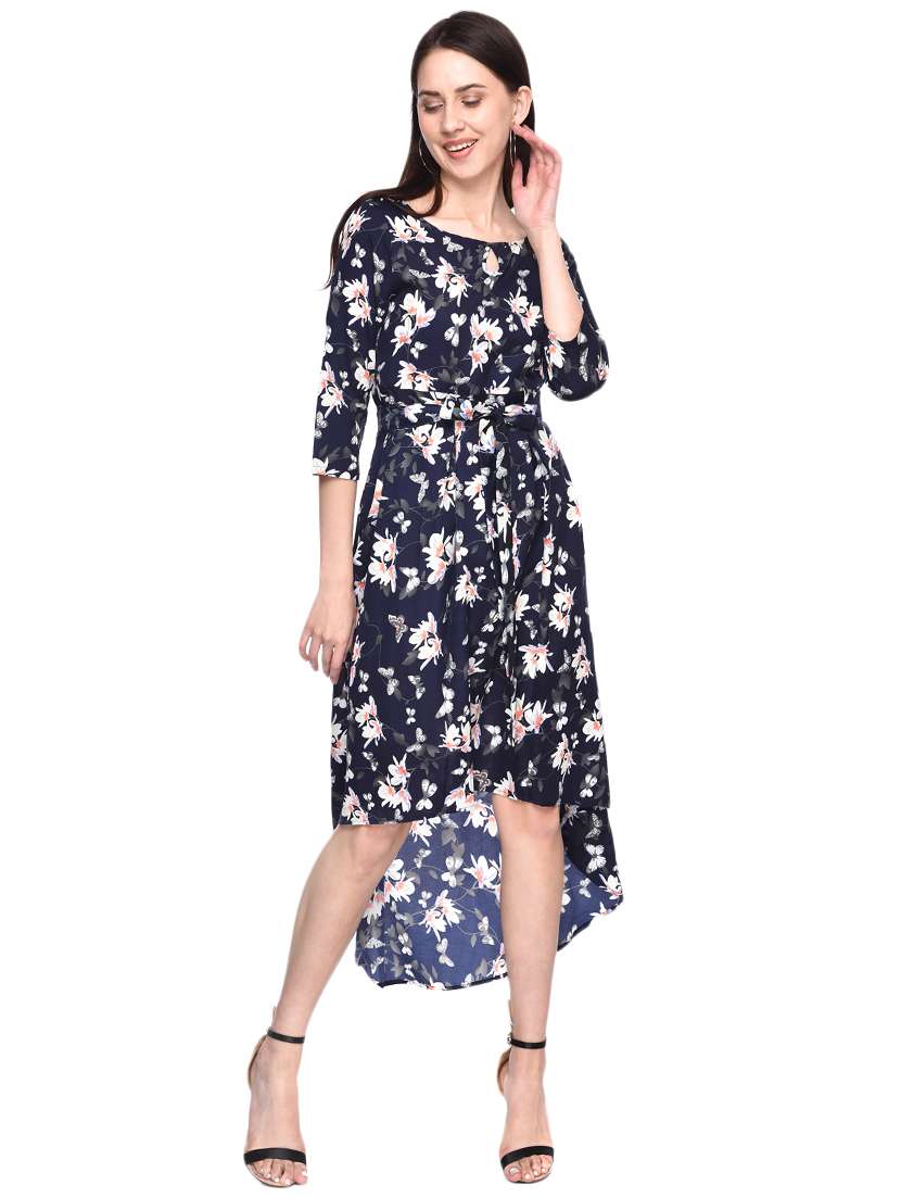 boat neck floral high low dress