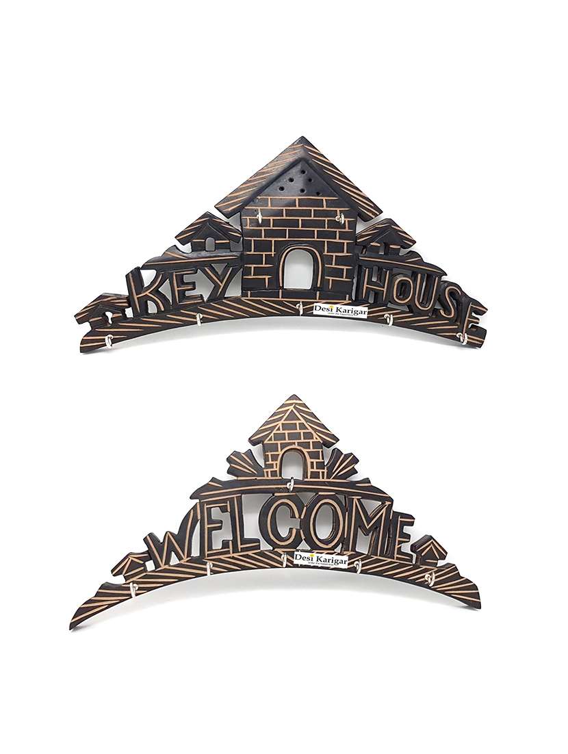 wooden wall hanging key holder with key hooks in home shape. a perfect key holder/manager pack of 2