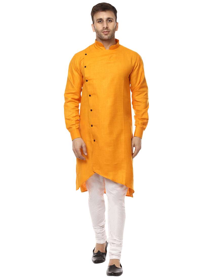 yellow khadi asymmetric kurta