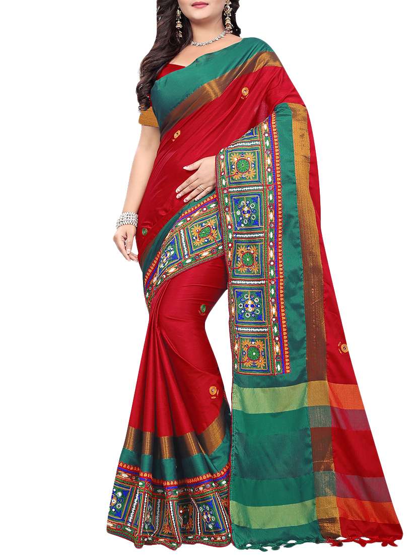mirror work red embroidered saree with blouse