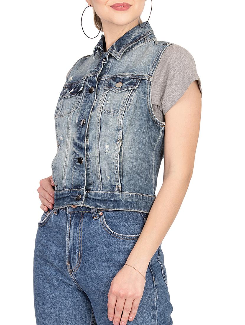 distressed front pocketed denim jacket - 15878587 - Standard Image - 1