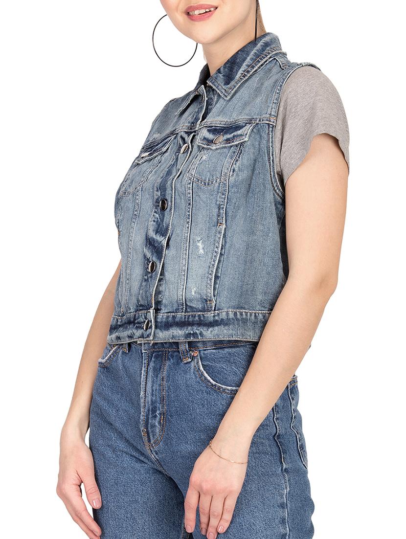 distressed front pocketed denim jacket - 15878588 - Standard Image - 1