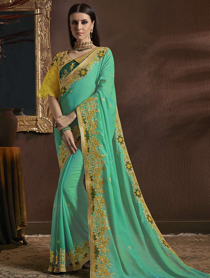 floral embroidered turquoise saree with blouse